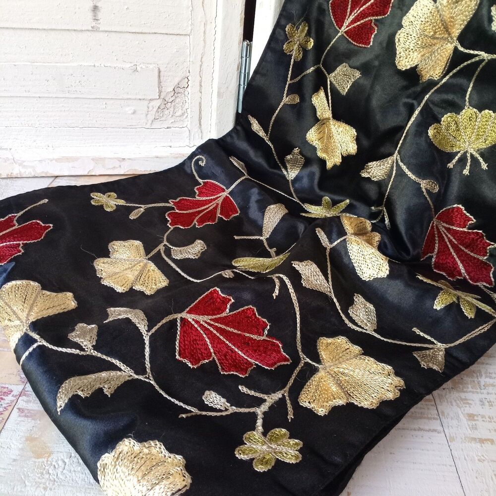 Vintage Embroidered Floral Silky Table Runner 71x13 Black Red Green Cream Fall